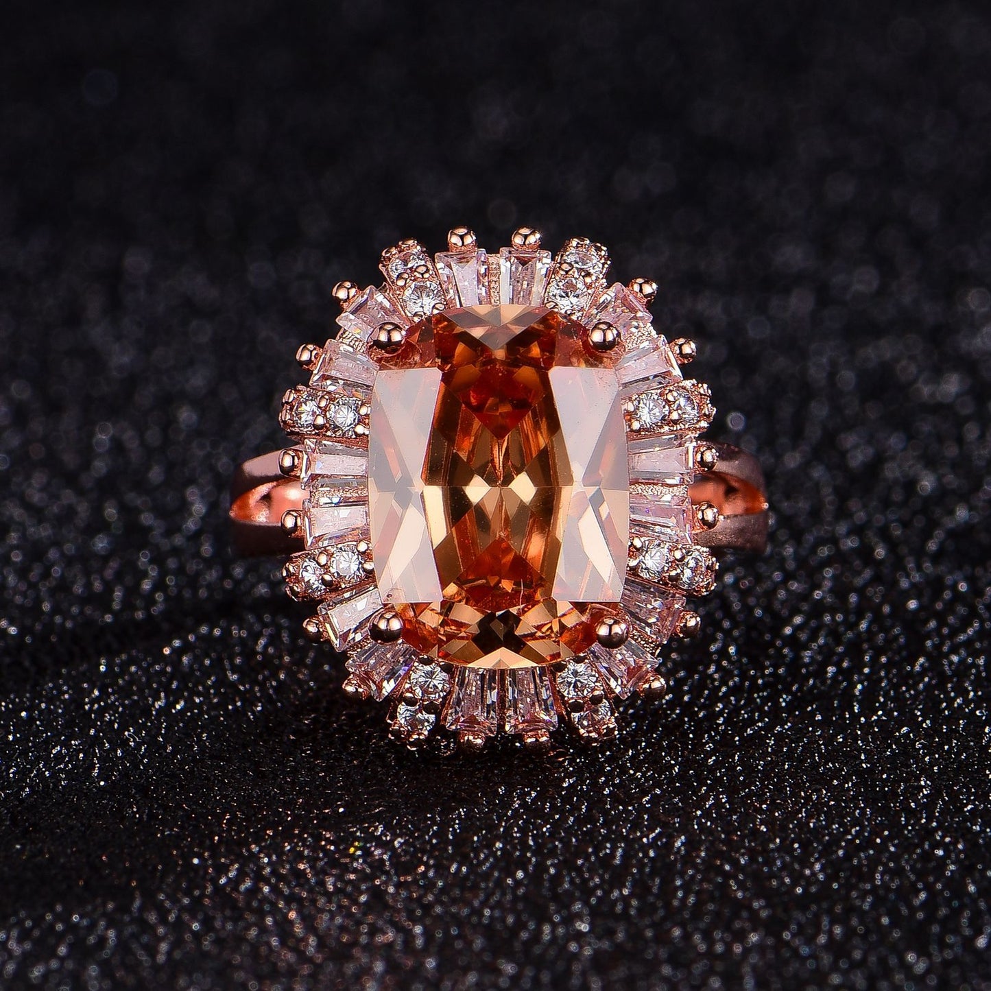 Rectangular Champagne Zircon Closed Open Female Rose Rings