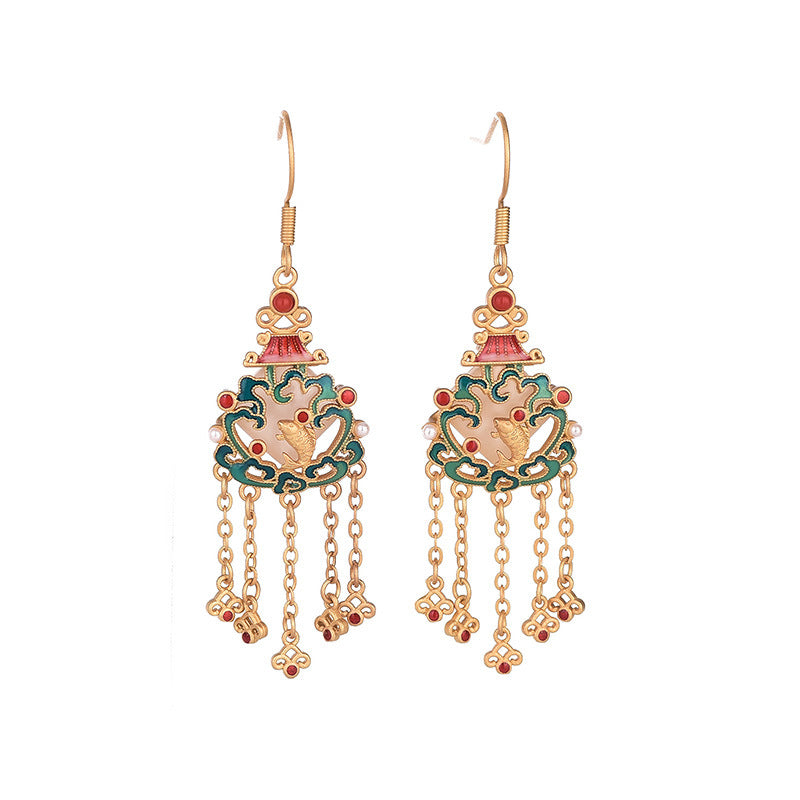 Women's National Fashion Ancient Gold-plated Imitation Jade Fish Tassel Earrings