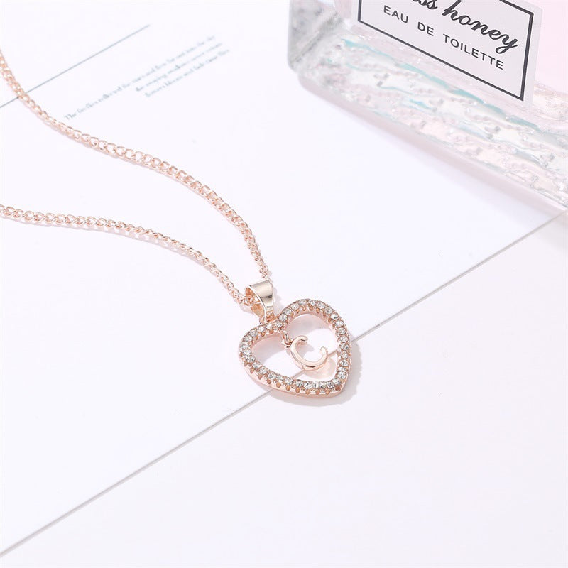 Women's Letter Love Vintage Refined Rhinestone Peach Heart English Pendant Necklaces
