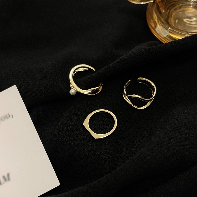 Geometric Style Pearl Three-piece Set Index Rings