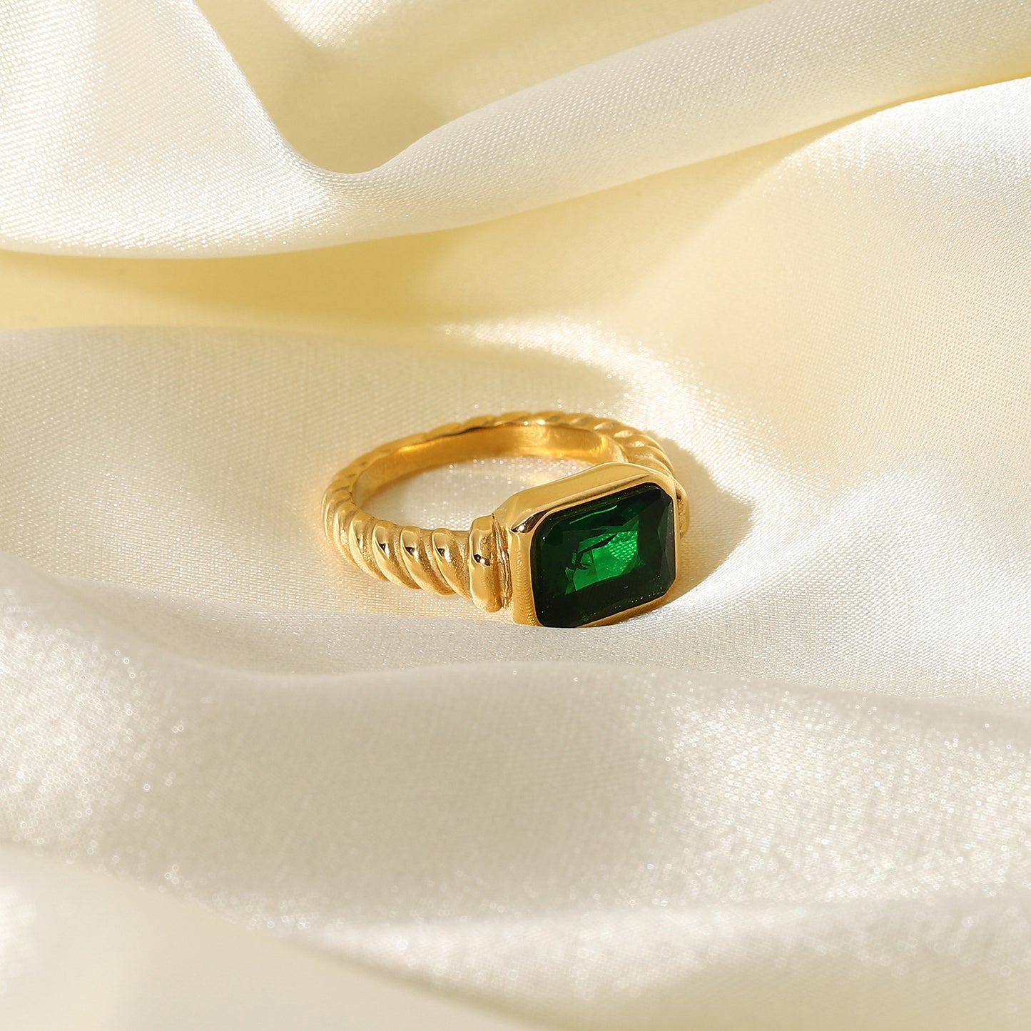 Women's Stainless Steel Rectangular Emerald Pink Zircon Rings