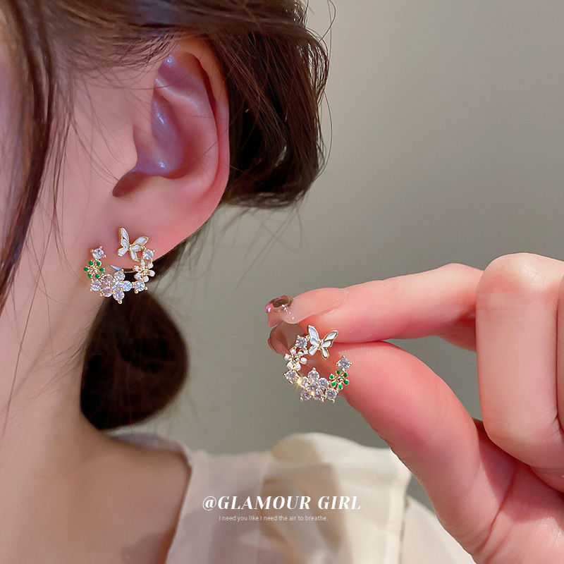 Elegant Moissanite Flower Butterfly Garland Fairy Mori Style Small Clear Rings