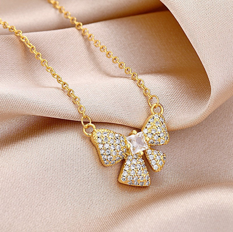 Pink Zircon Pendant Full Diamond Bow Fashion Necklaces