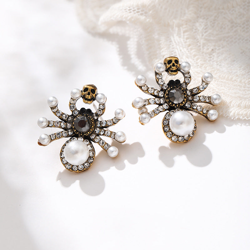 French Style Rhinestone Pearl Skull Spider Rings
