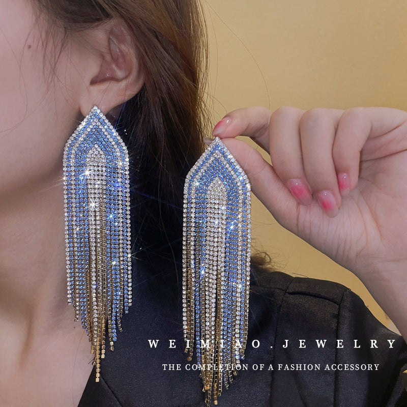 Sier Needle Blue Triangular Rhombus Tassel Affordable Luxury Earrings