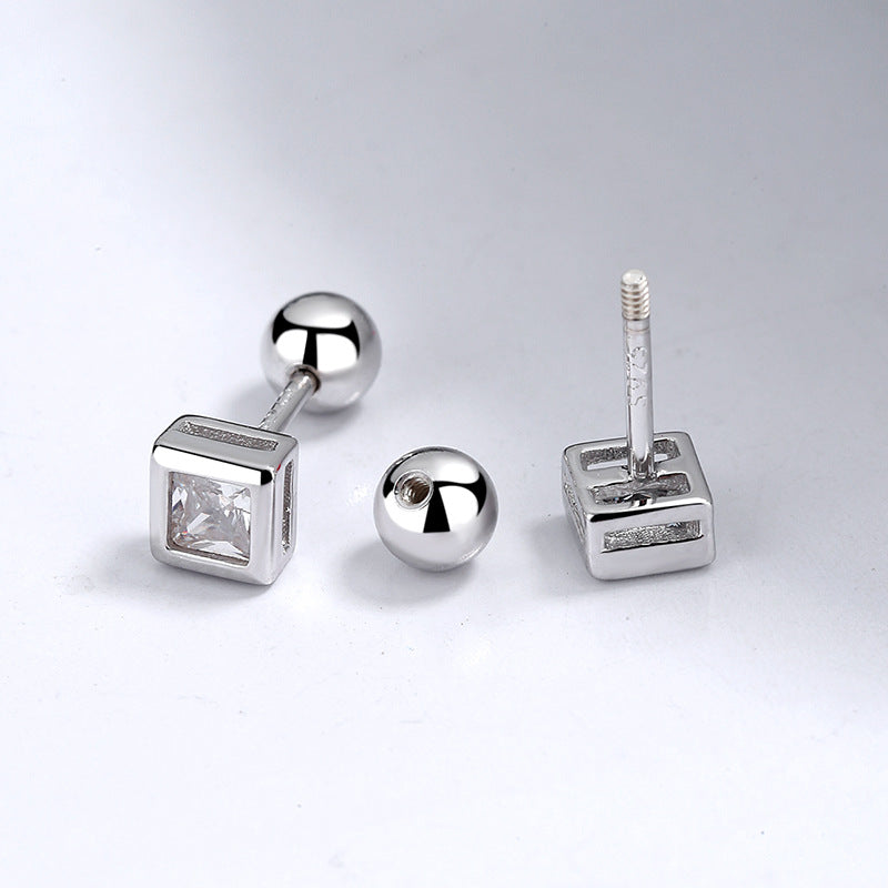Screw Pattern Zircon Square Small Ear Sterling Sier Earrings
