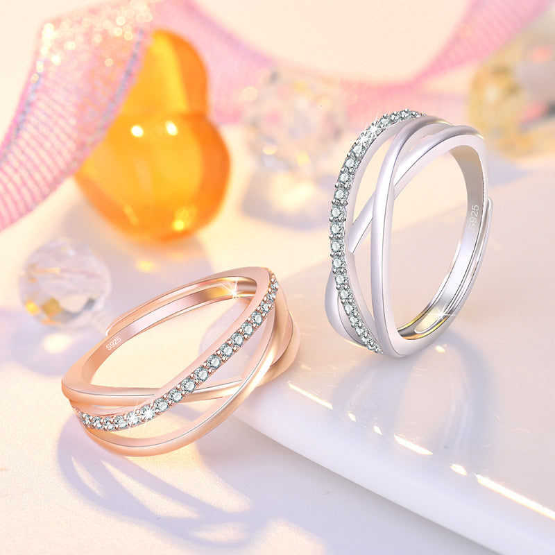 Koreanische Mode, elegante Mikro-Strass-Kreuz-offene Ringe