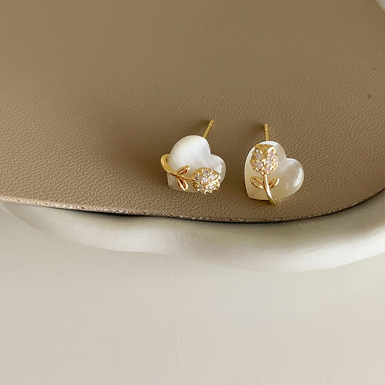 Zircon Flower Opal Love Heart Female Niche Design Simple Earrings