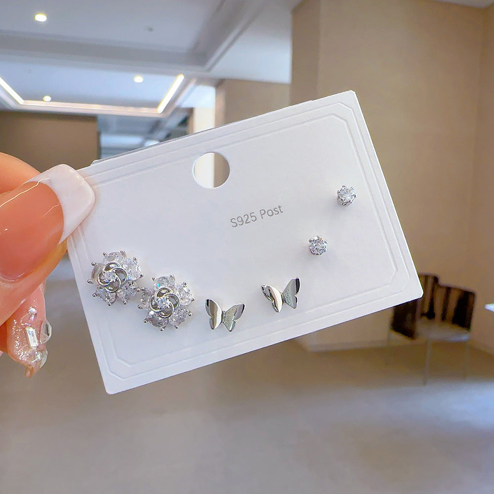 High-grade One Card Three Sier Suit Earrings