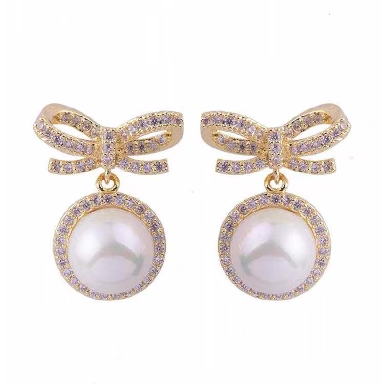 Graceful Petite Rhinestone Bow Eardrops Design Earrings