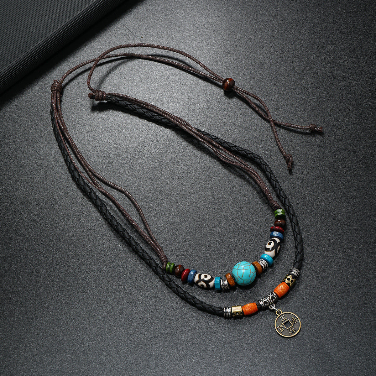 Colliers en cuir tissé de perles turquoise de style rétro pour hommes