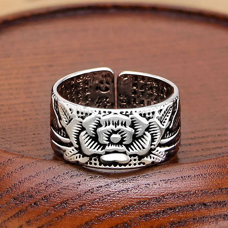 Women's & Men's Thai Sier Distressed Ornament Lotus Open Heart Sutra Rings