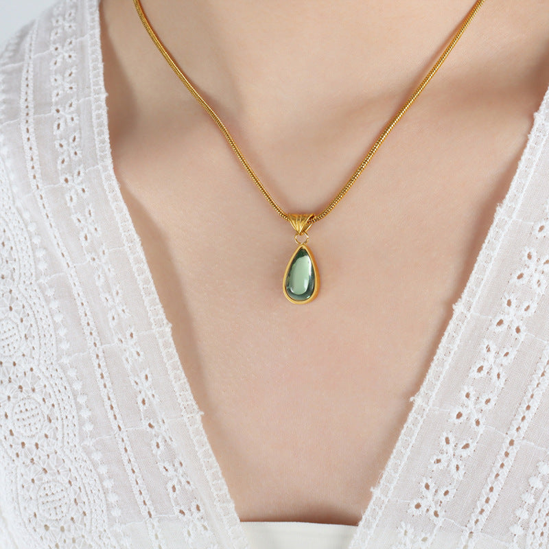 Colliers rétro pour femmes, pendentif goutte d'eau, vert Olive, bleu