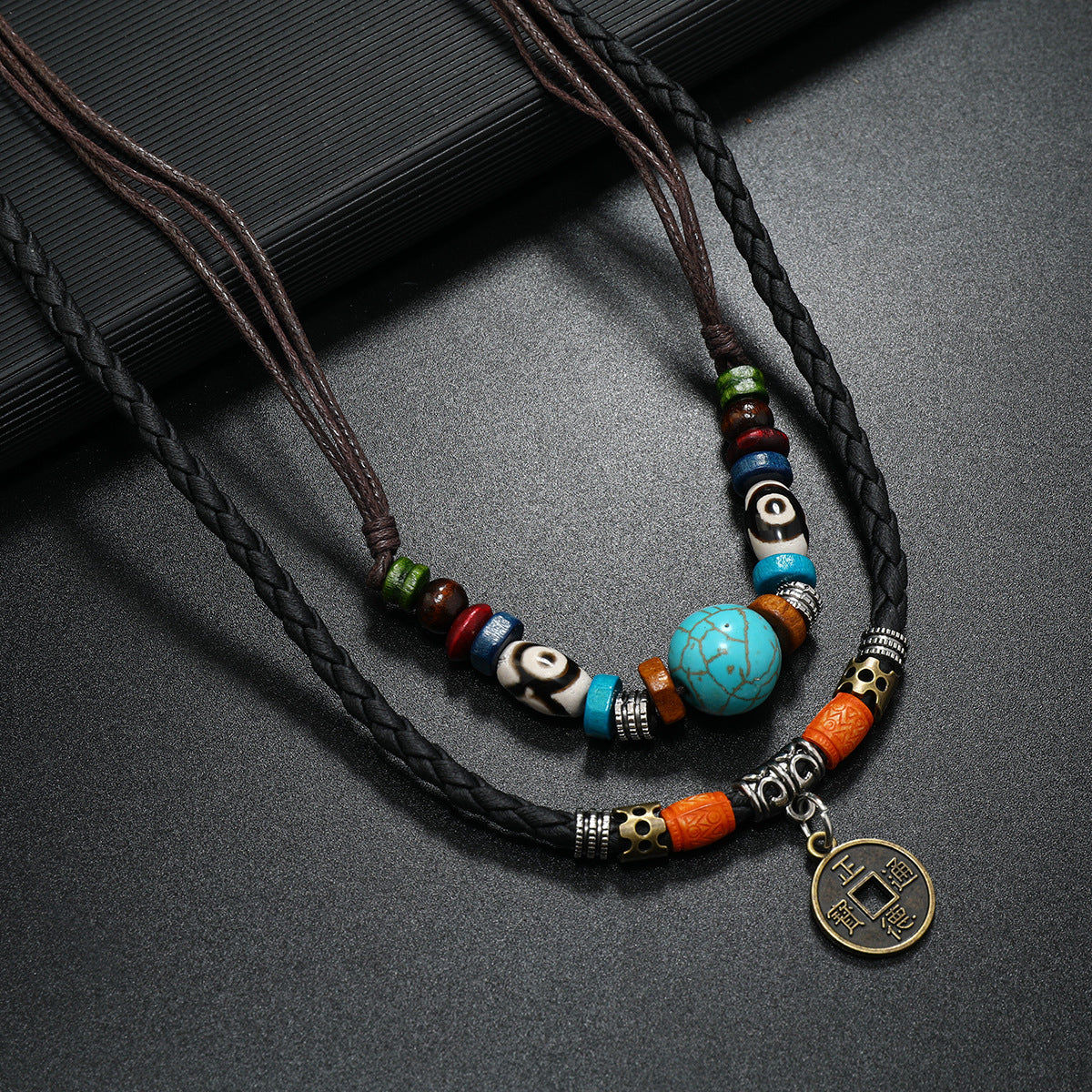 Colliers en cuir tissé de perles turquoise de style rétro pour hommes