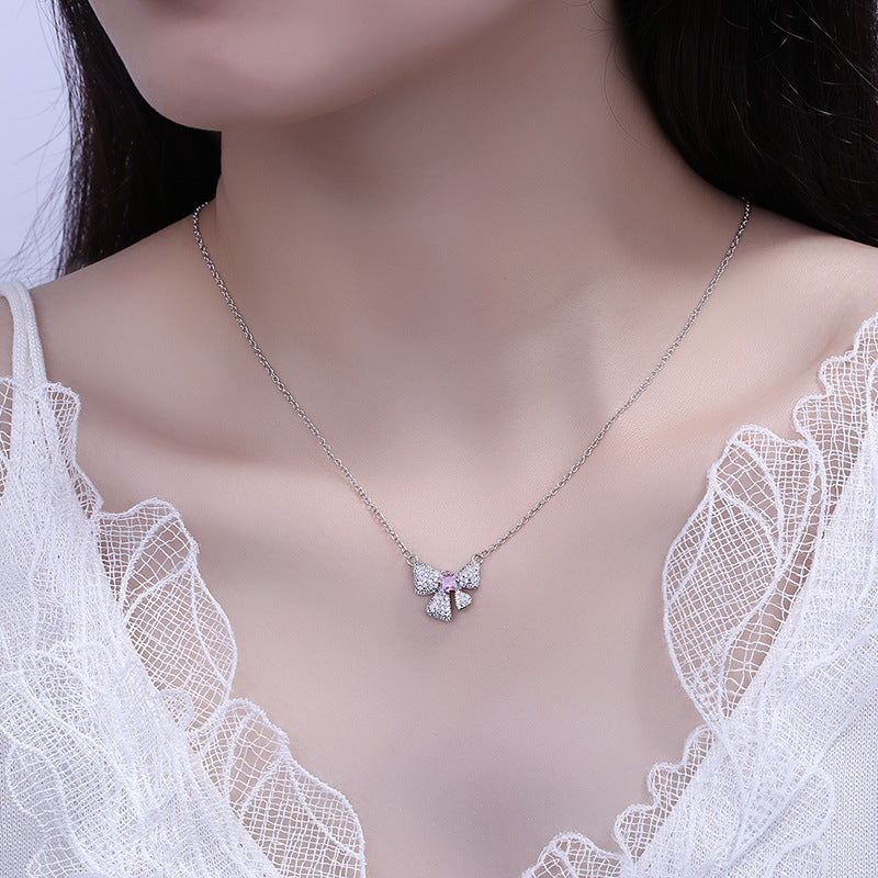 Pink Zircon Pendant Full Diamond Bow Fashion Necklaces