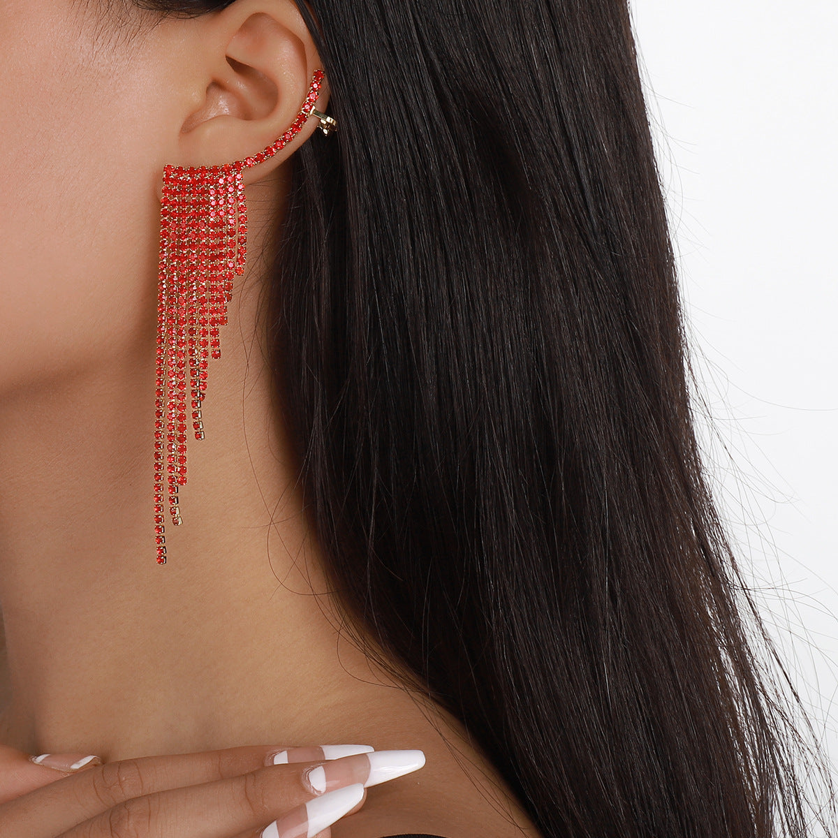 Tassel Rhinestone Auricular Needle Geometric Banquet Earrings