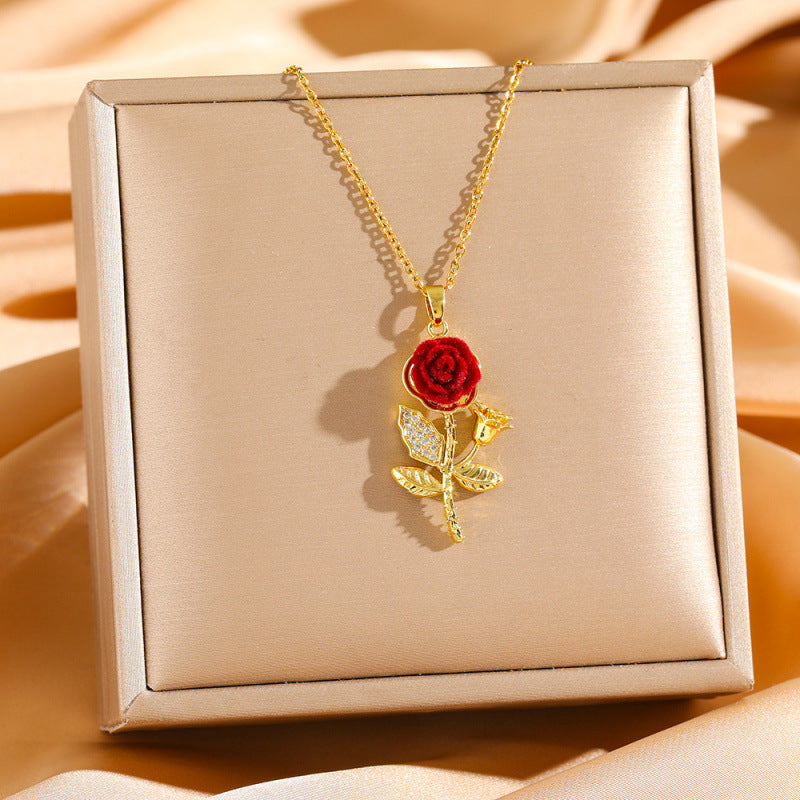 Women's Titanium Steel Rose Full Diamond Light Luxury Temperament Gorgeous Clavicle Necklace