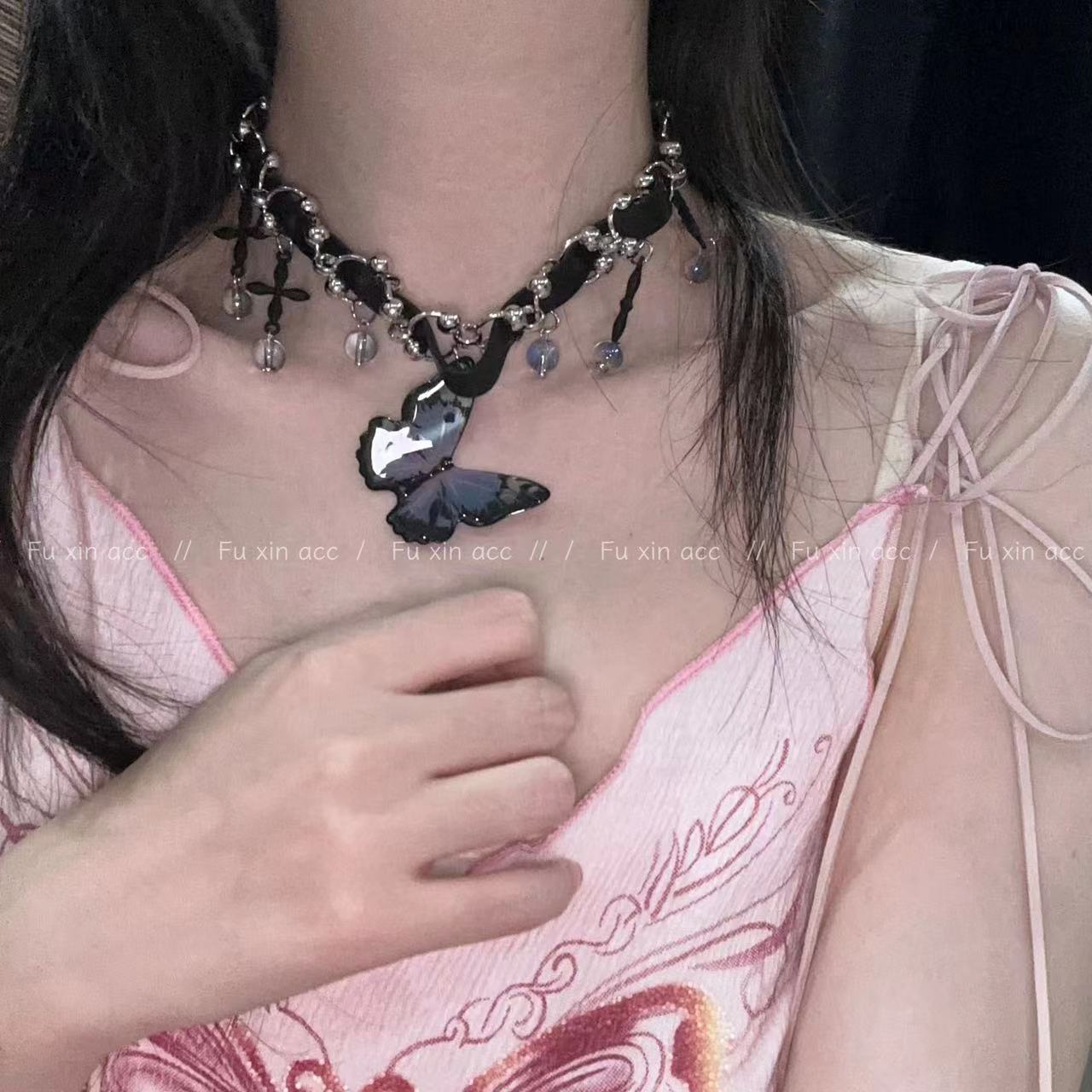 Black Leather Butterfly Pendant Industry Gradient Necklaces