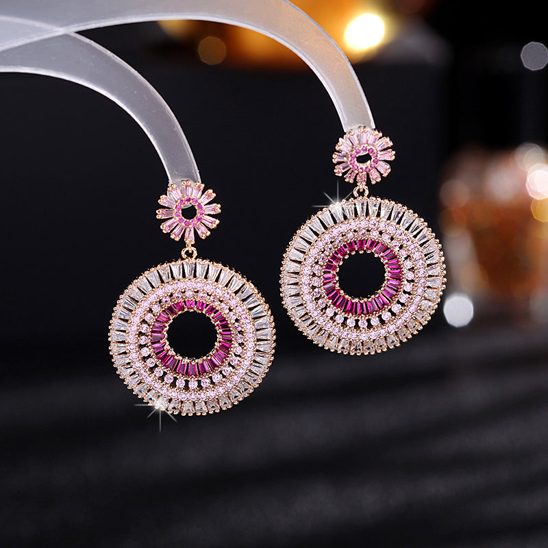 Exaggerating Female Retro Blue Gradient Pink Zircon Earrings