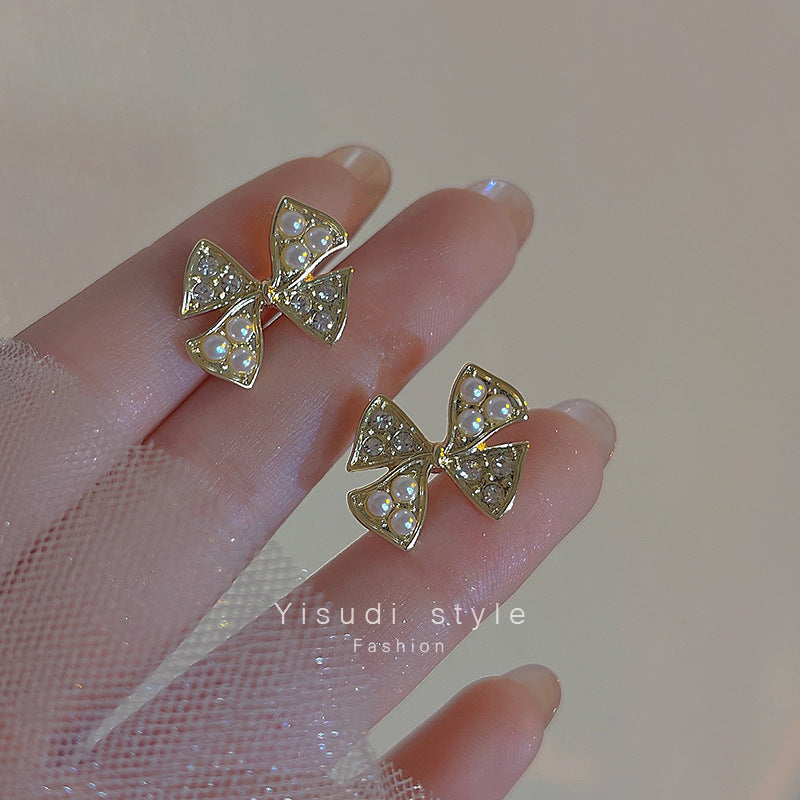 Women's Sier Bow Pearl Simple Rhinestone Fashion Earrings