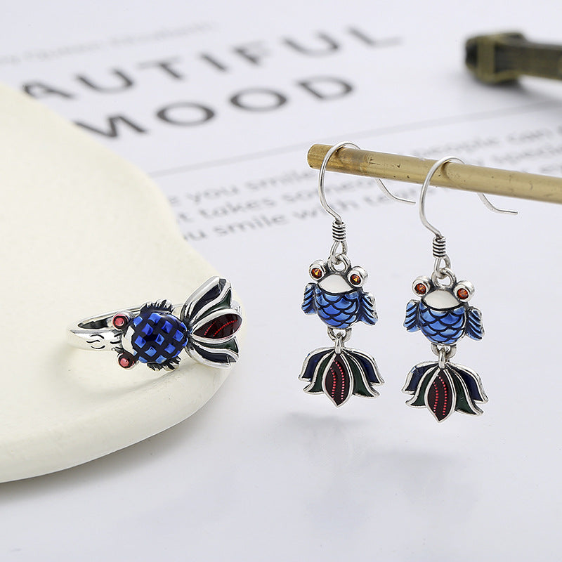 Yin Retro Fashion Epoxy Blue Small Goldfish Creative Rings