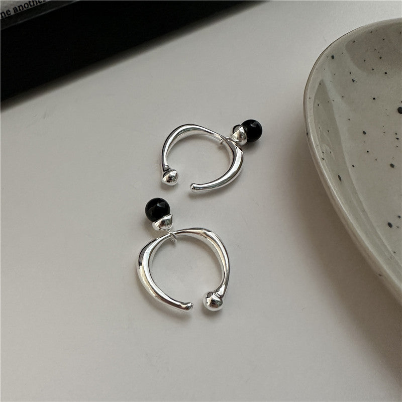 Sier Black Agate French Retro Ball Rings