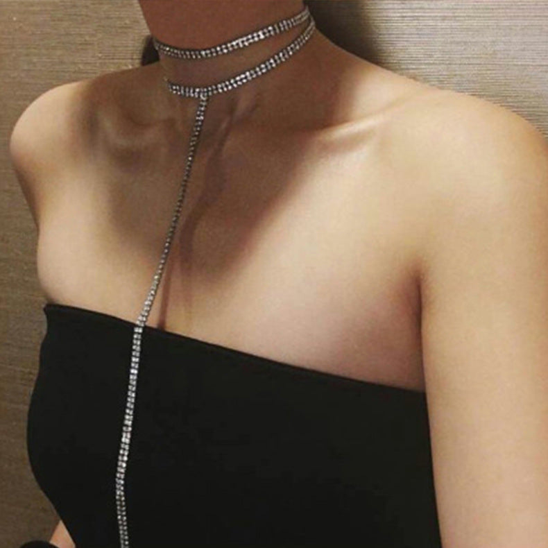 And Double Row Rhinestone Chain Clavicle Necklaces