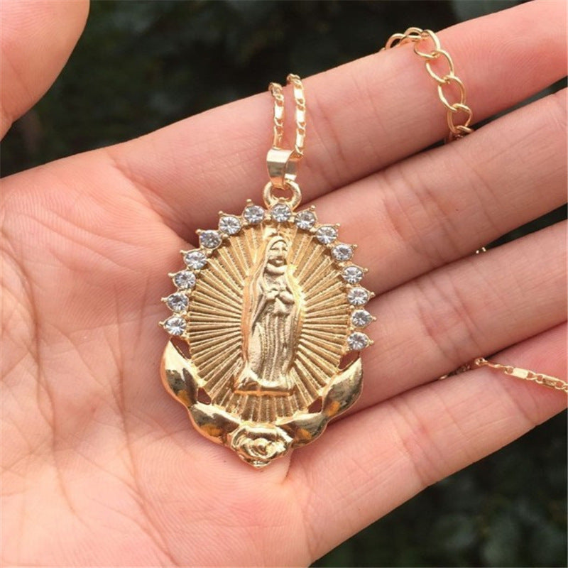 Virgin Mary Diamond Alloy Pendant Fashion Retro Ethnic Sweater Necklaces