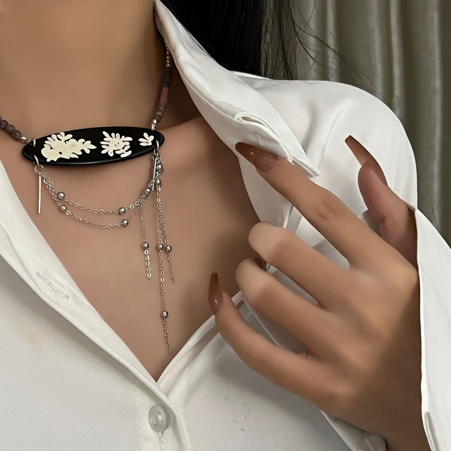 Story Chinese Style Stone Shell Tassel Chain Rings