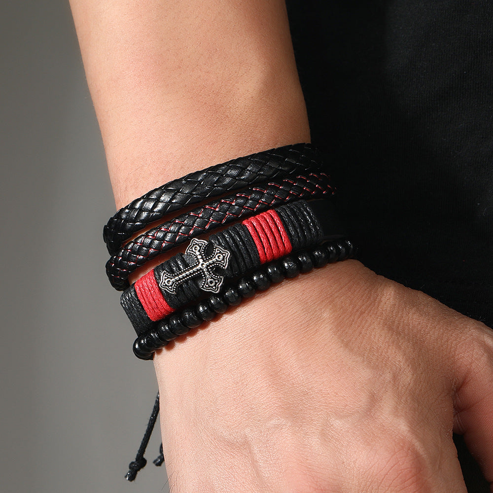 Combinaison de bijoux à main en cuir, bracelets en acier inoxydable