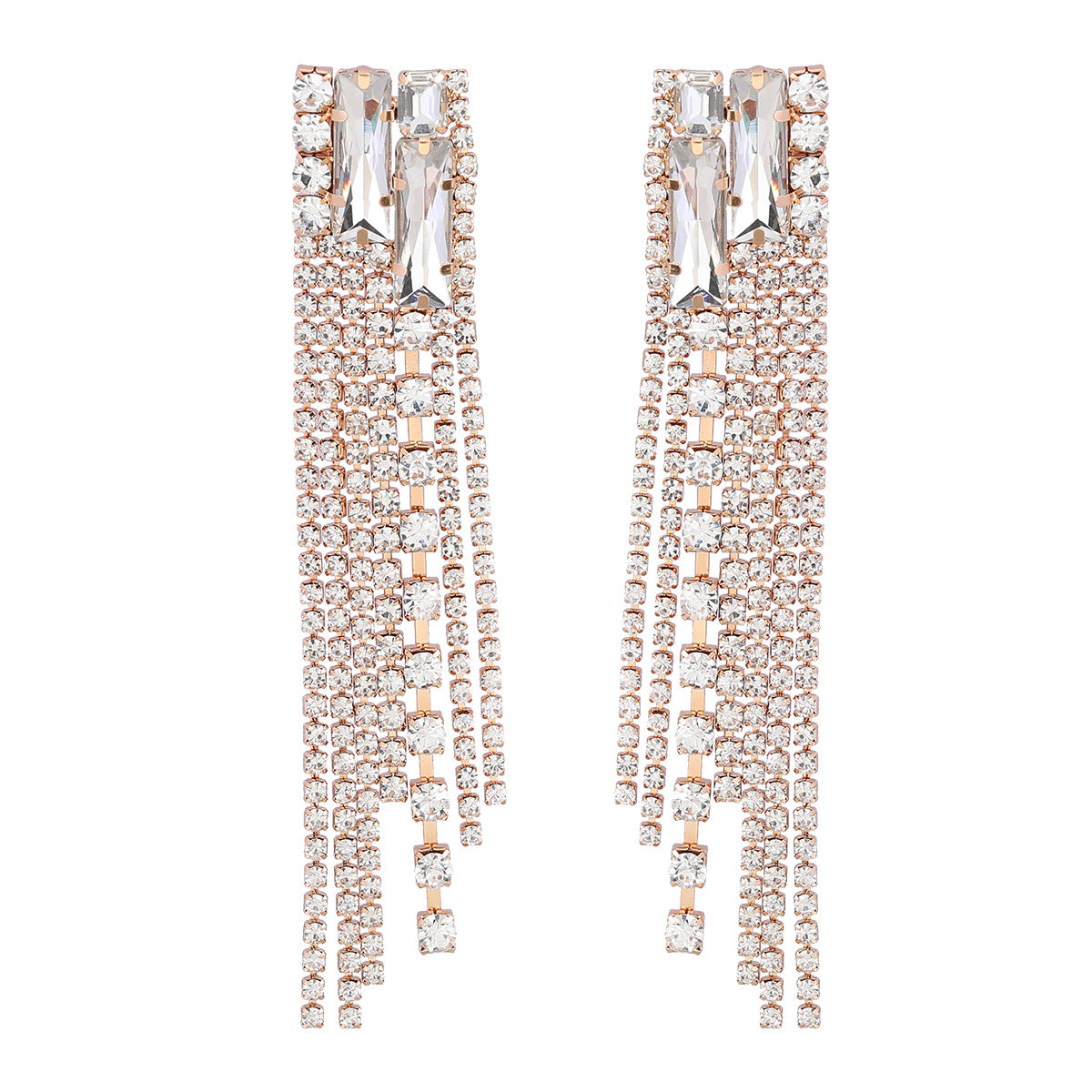 Women's Square Alloy Diamond Rhinestone Long Fringe Earrings