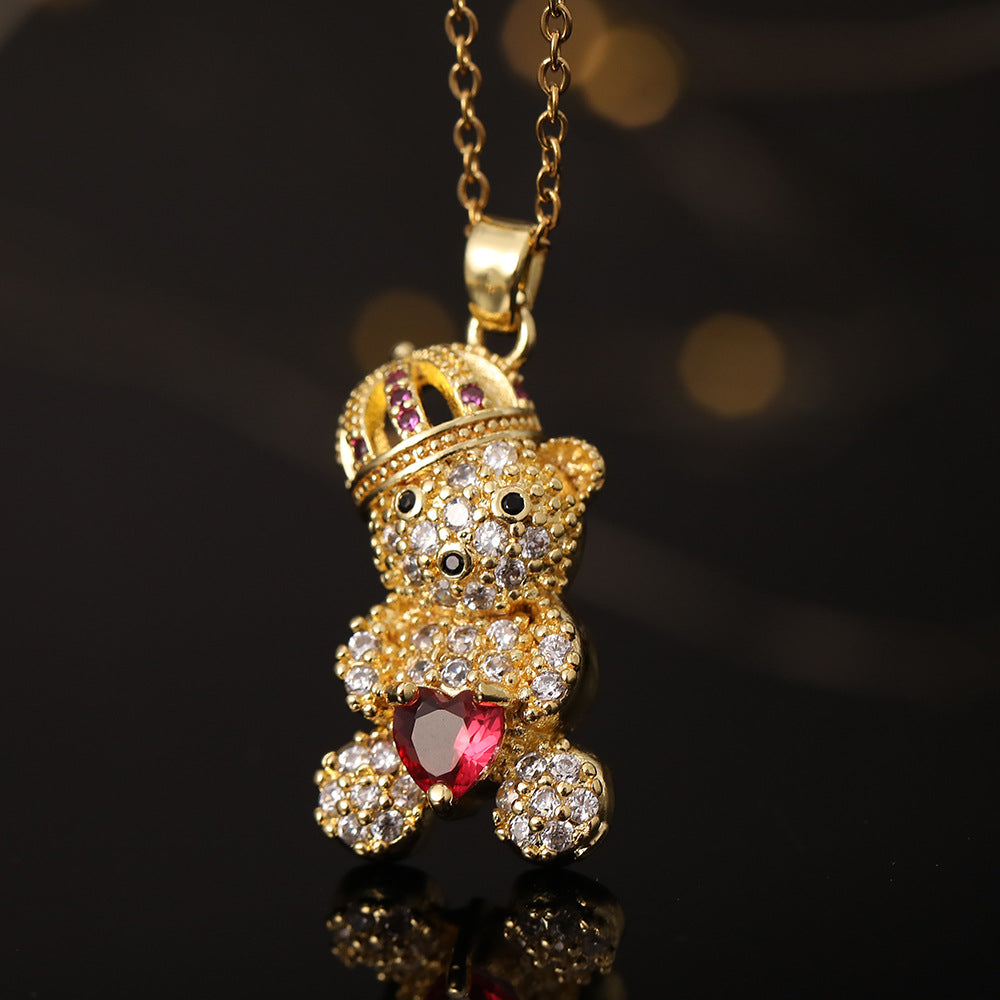 Colorful Crown Lovely Bear Pendant Copper Necklaces