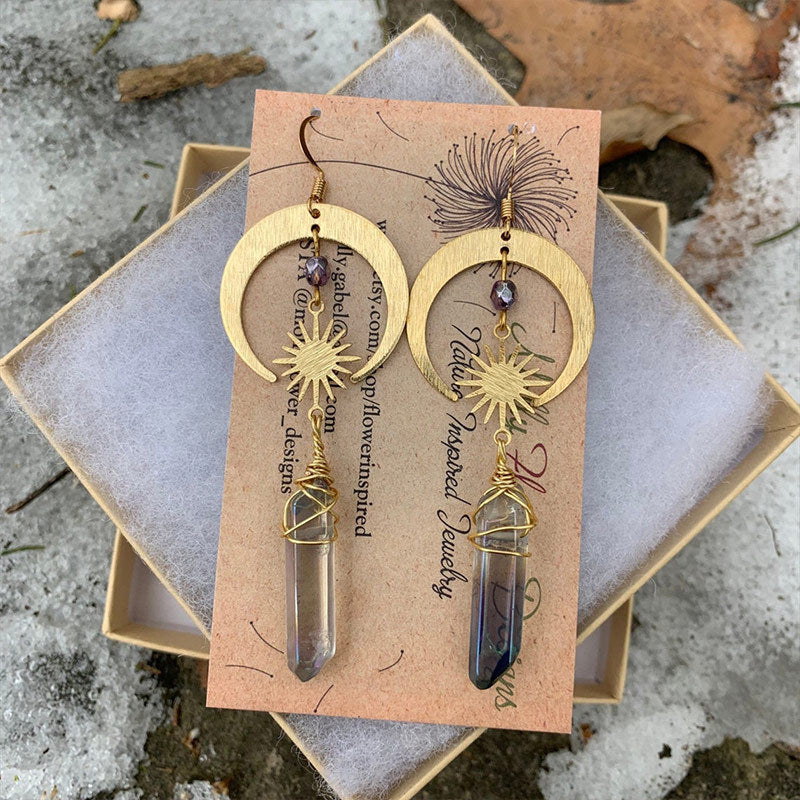 Quartz Moon And Rising Sun Crescent Earrings