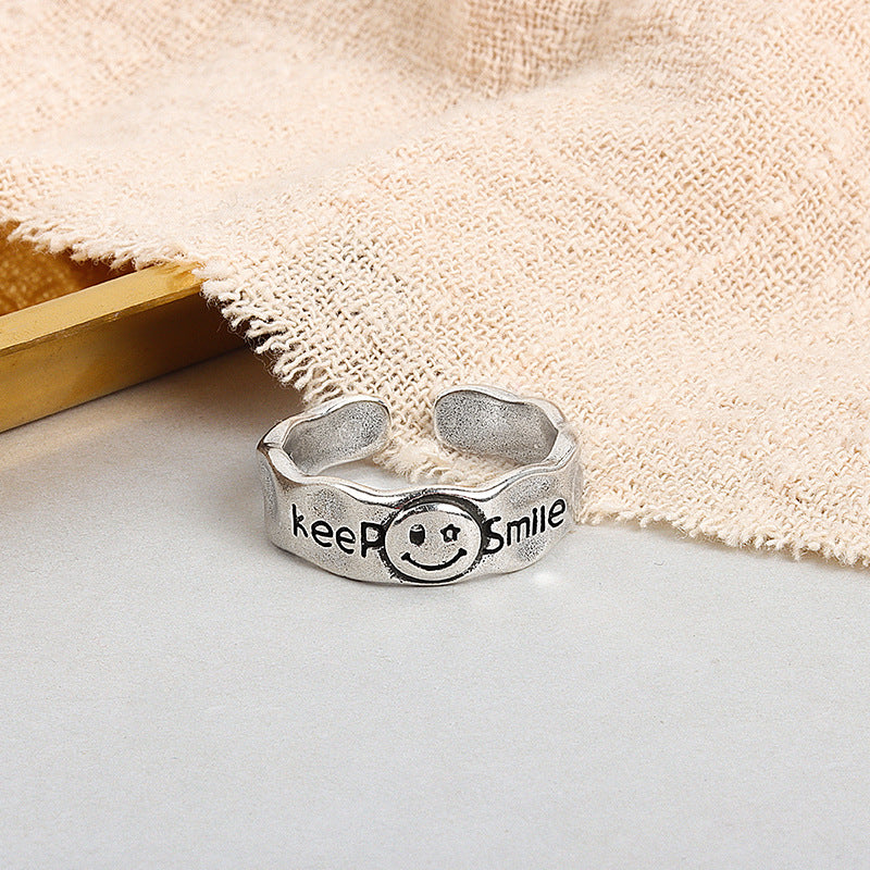 Retro Distressed Smiley Face Smile Letter Personality Rings