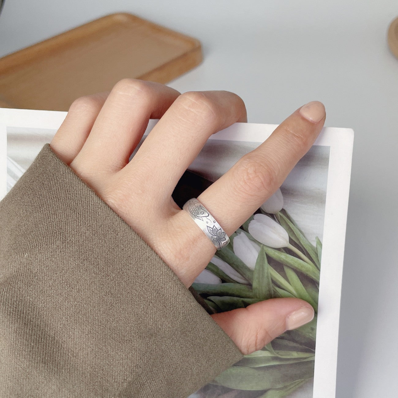 Damen & Herren & Vintage Lotuskarpfen und einfache personalisierte Fingerringe im Ethno-Stil