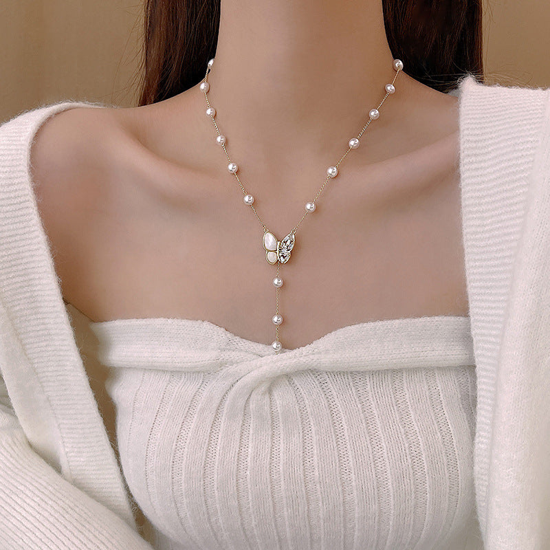 Women's Pearl Light Luxury Minority Long Tassel Butterfly Necklaces
