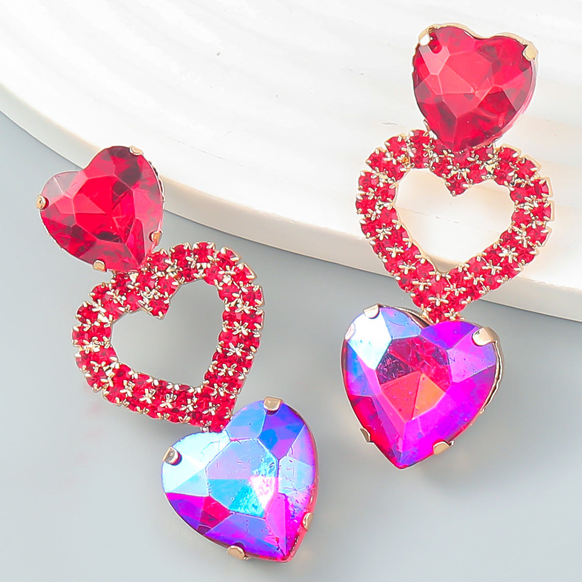 Diamond Alloy Heart-shaped Glass Drill Trendy Earrings