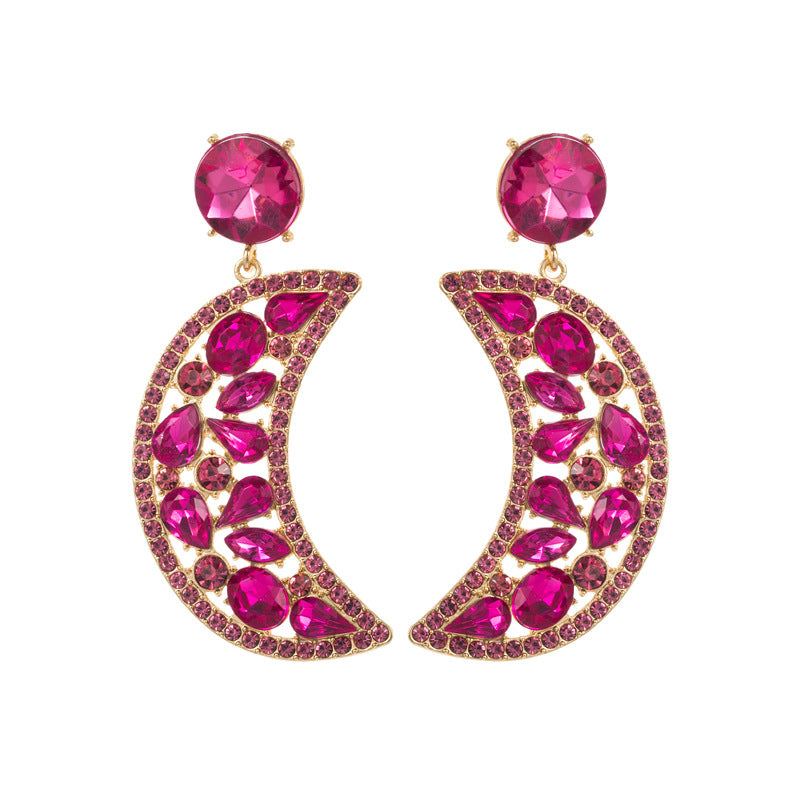 Crescent-shaped Alloy Colorful Crystals Eardrops Moon Earrings