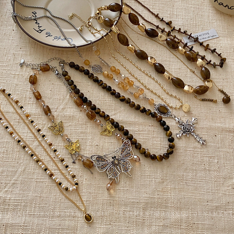 Colliers de pull en perles rétro chinois pour femmes, série Tigereye papillon