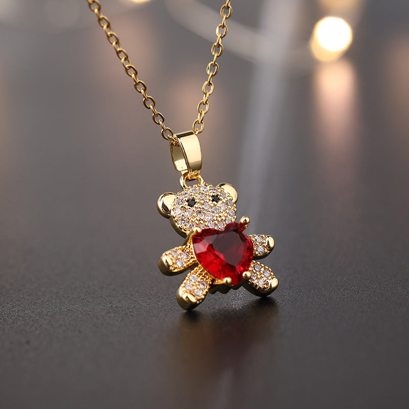 Copper Micro Inlaid Zircon Ornament Cute Heart Bear Pendant Necklaces