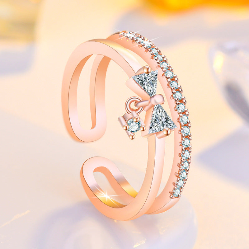 Layer Bow Niche Design Rhinestone Index Finger Style Rings