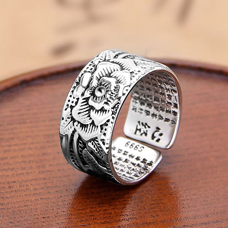 Women's & Men's Thai Sier Distressed Ornament Lotus Open Heart Sutra Rings