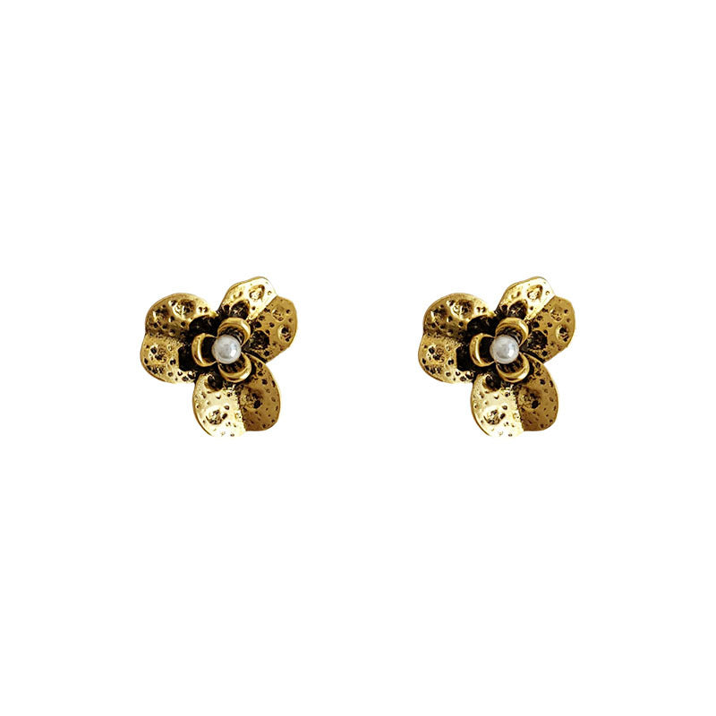 Tarnish Sier Needle Flower Ancient Gold Petal Simple Graceful Eardrops Stud Earrings