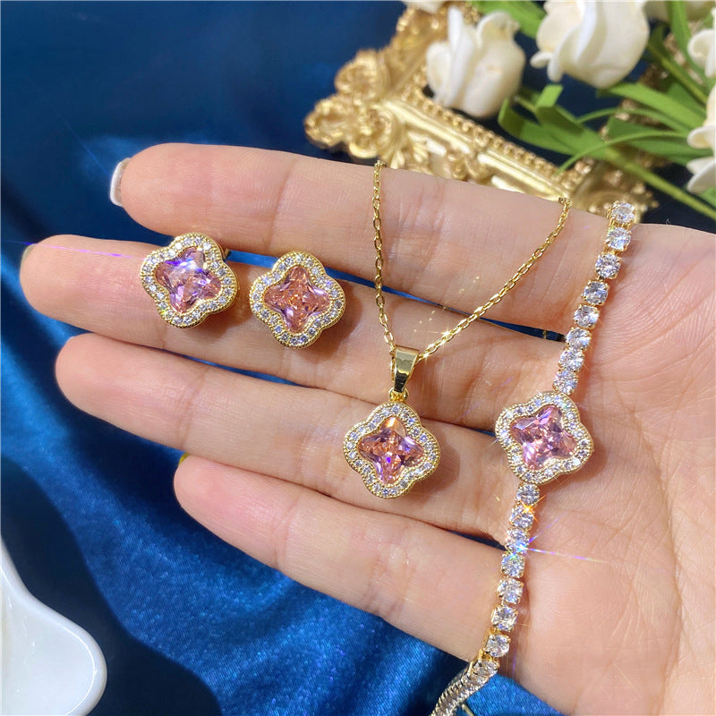 Zircon Color Crystal Suit Petals Three-piece Jewelry Set
