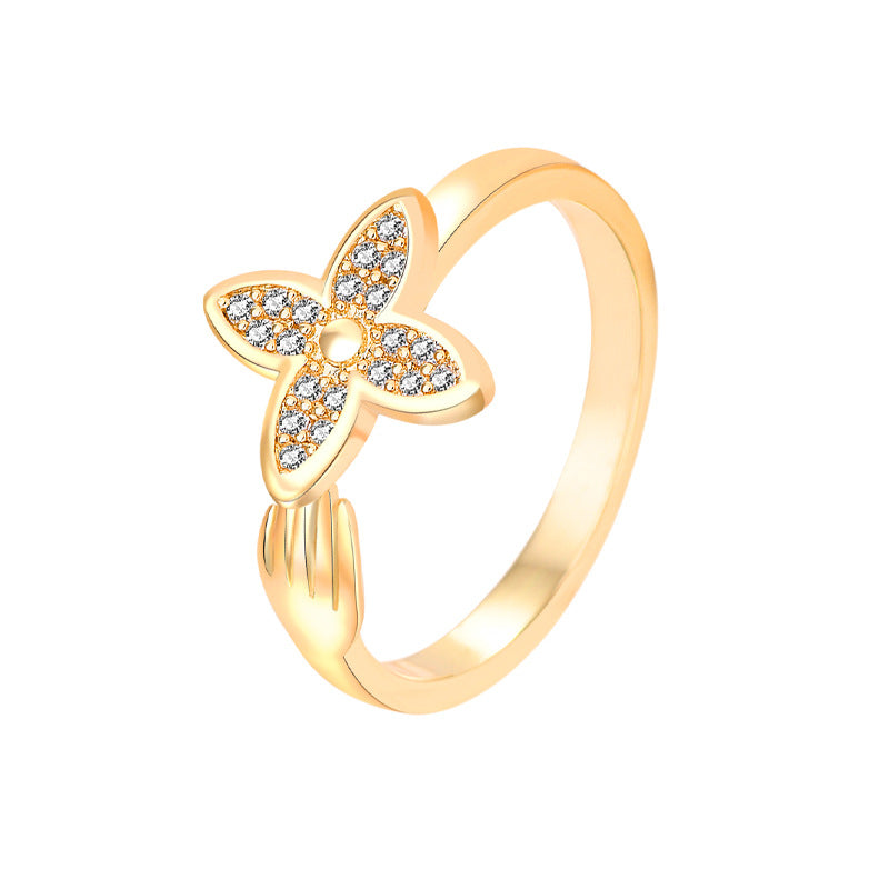 Small Hand Four-leaf Clover Zircon Opening Rings