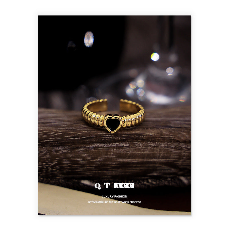 Vergoldete französische Vintage-Stil-Ringe mit schwarzem Liebesherz