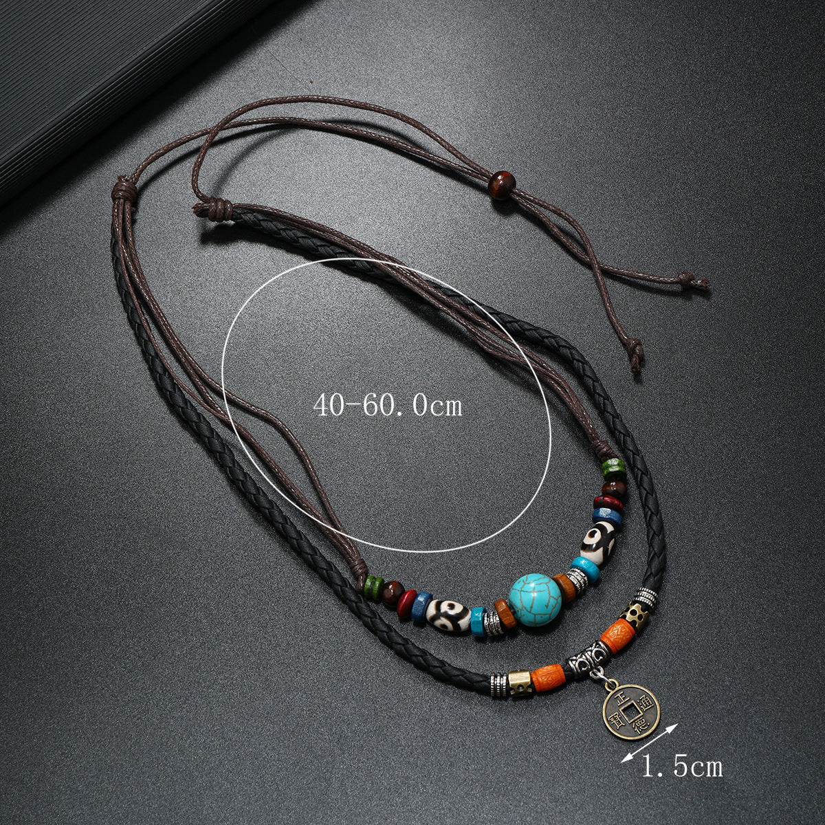 Colliers en cuir tissé de perles turquoise de style rétro pour hommes