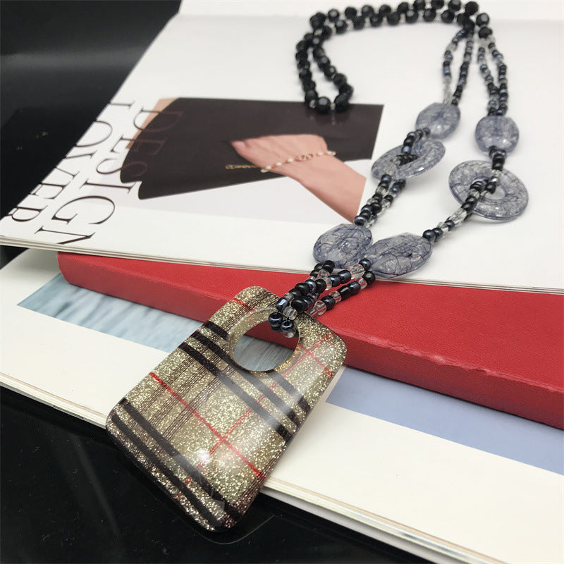 Striped Plaid Pullover Resin Trapezoidal Round Necklaces