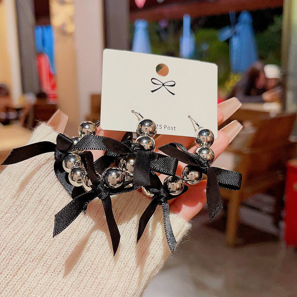 French Style Black Vintage Bow Ear Earrings