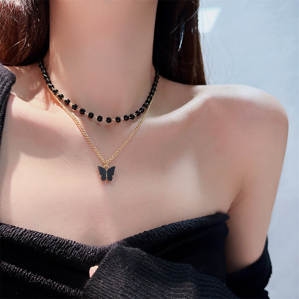 Colliers de papillons en perles noires pour femmes, ornement de Style français